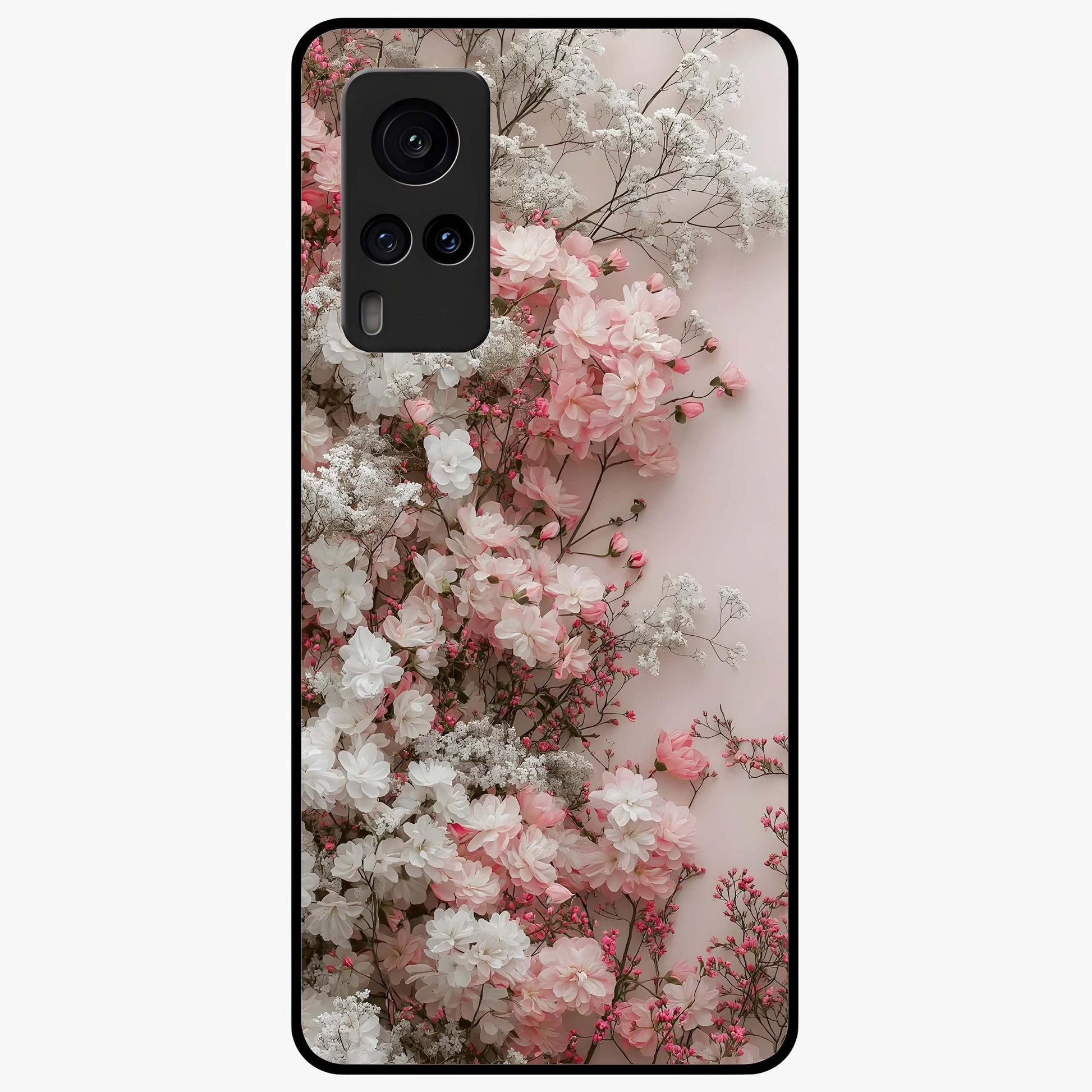 Blush Blossom Cloud Glass Case showing flat back view with dreamy blush cloud blossom artwork and glossy glass finish.