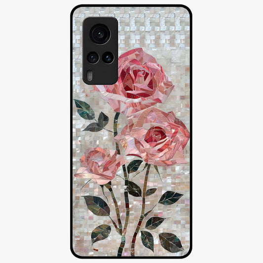 Blush Mosaic Bloom Glass Case showing flat back view with mosaic floral bloom artwork and glossy glass finish.
