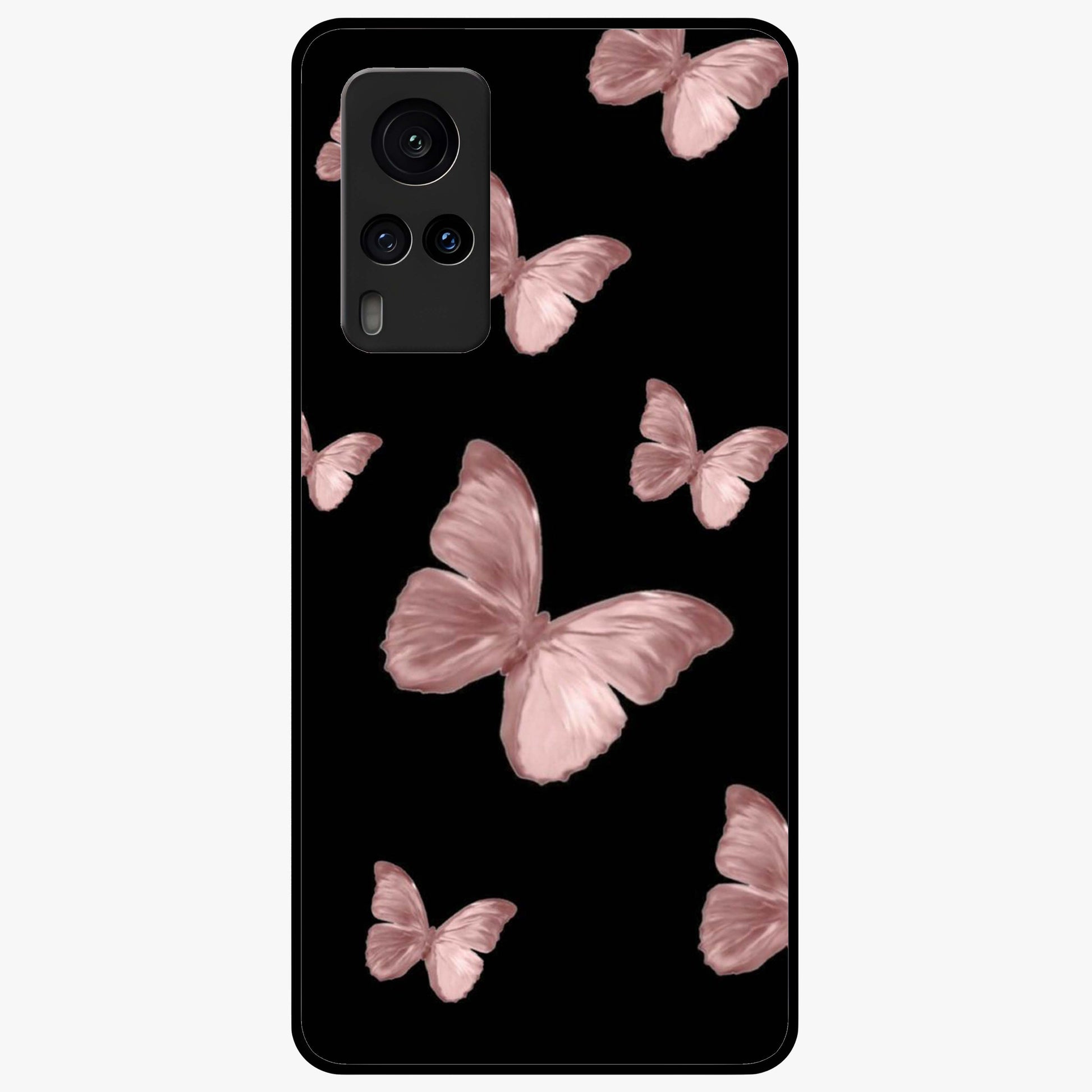 Butterfly Pattern Glass Case showing flat back view with elegant butterfly pattern artwork and glossy glass finish.