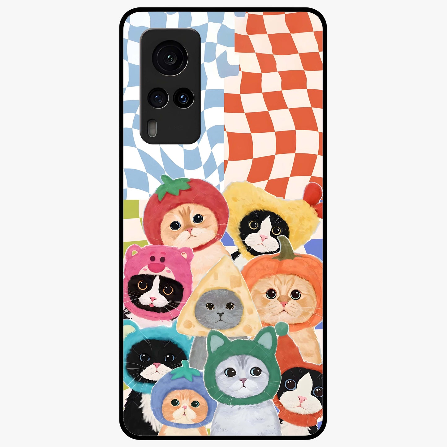 Cats in Fruits Glass Case showing flat back view with playful cat illustrations inside fruit artwork and glossy glass finish.