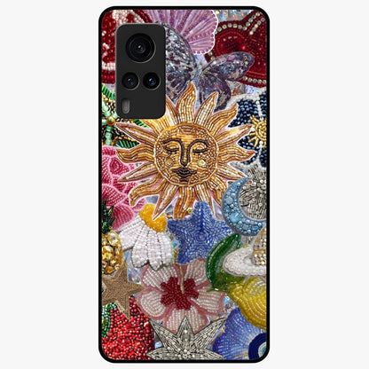 Celestial Floral and Playful Glass Case showing flat back view with floral and celestial themed artwork and glossy glass finish.