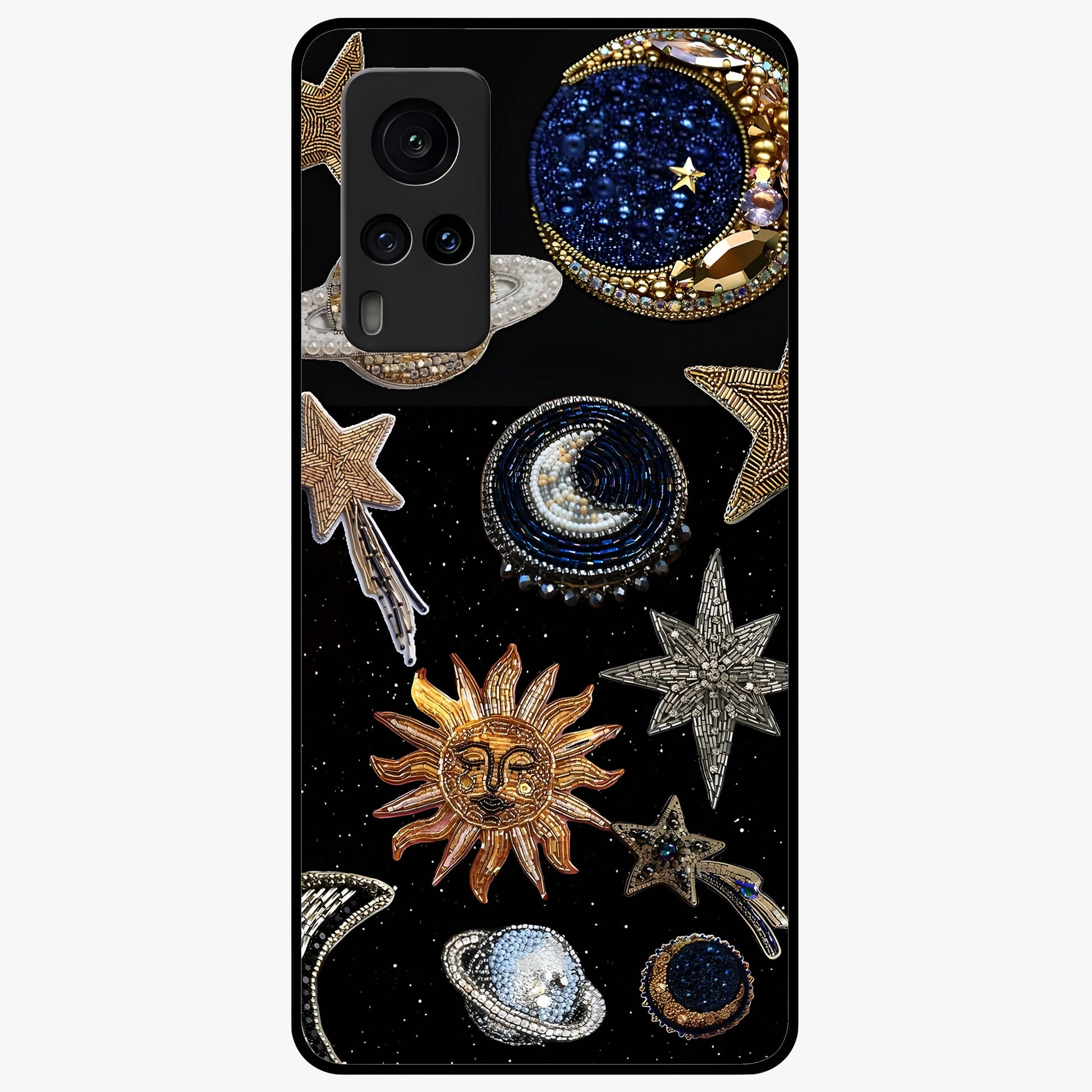 Celestial Gem Constellations Glass Case showing flat back view with sparkling constellation artwork and glossy glass finish.