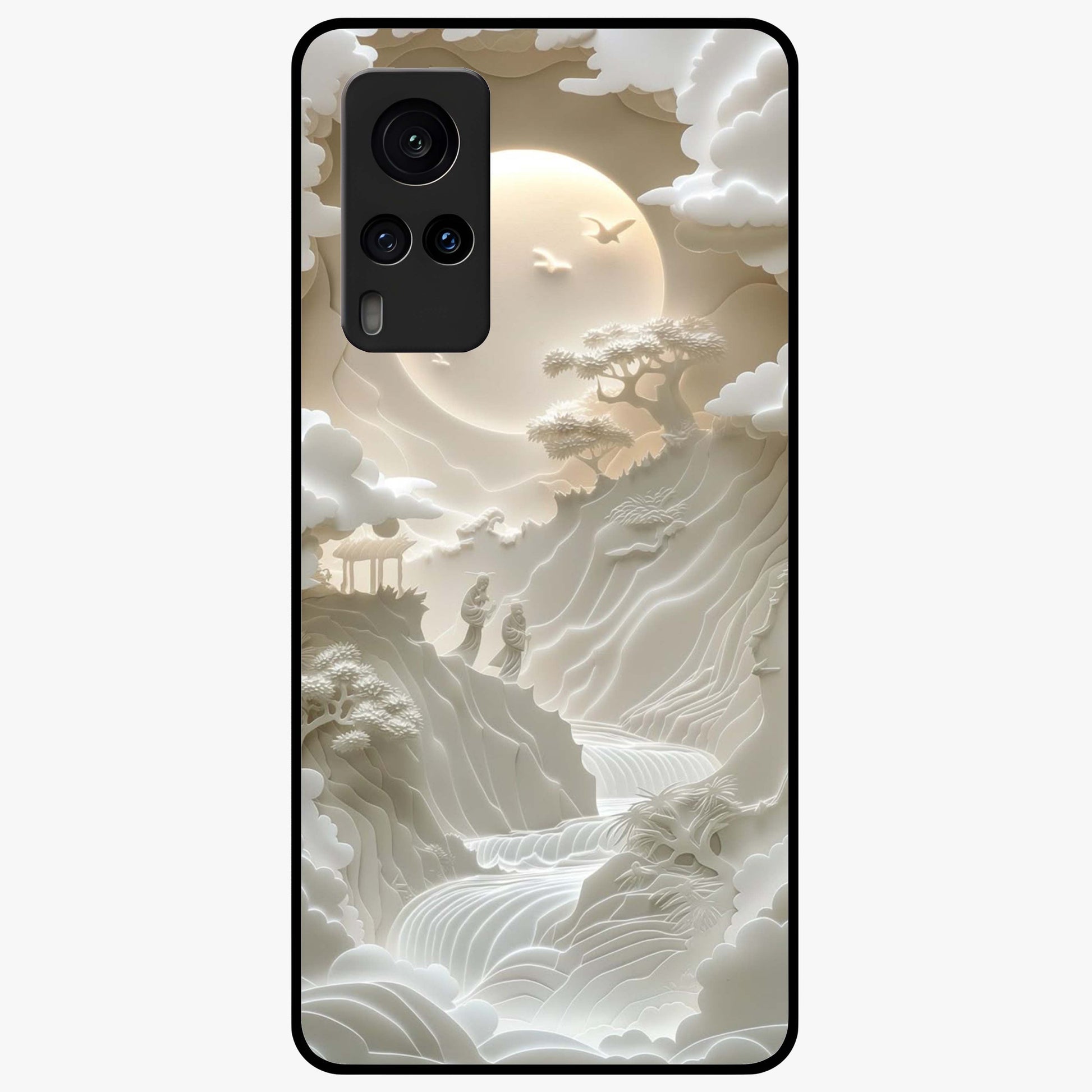 Celestial Origami Glass Case showing flat back view with artistic origami inspired celestial artwork and glossy glass finish.