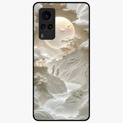Celestial Origami Glass Case showing flat back view with artistic origami inspired celestial artwork and glossy glass finish.