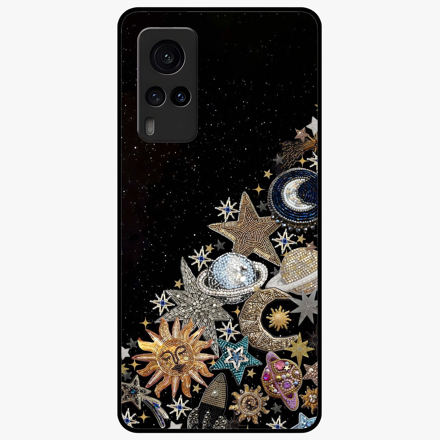 Cosmic Sparkle Dreams Glass Case showing flat back view with sparkling cosmic artwork and glossy glass finish.