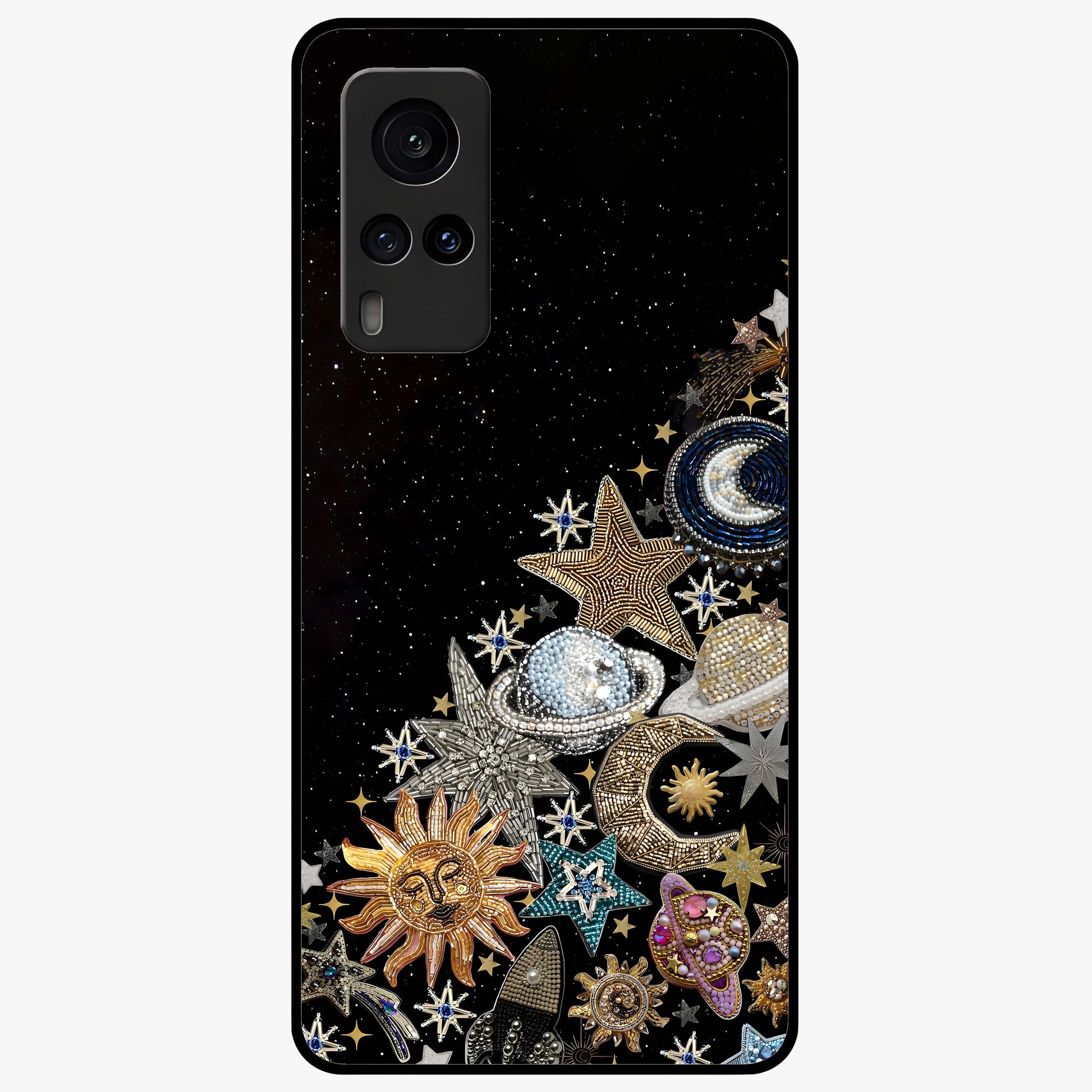 Cosmic Sparkle Dreams Glass Case showing flat back view with sparkling cosmic artwork and glossy glass finish.