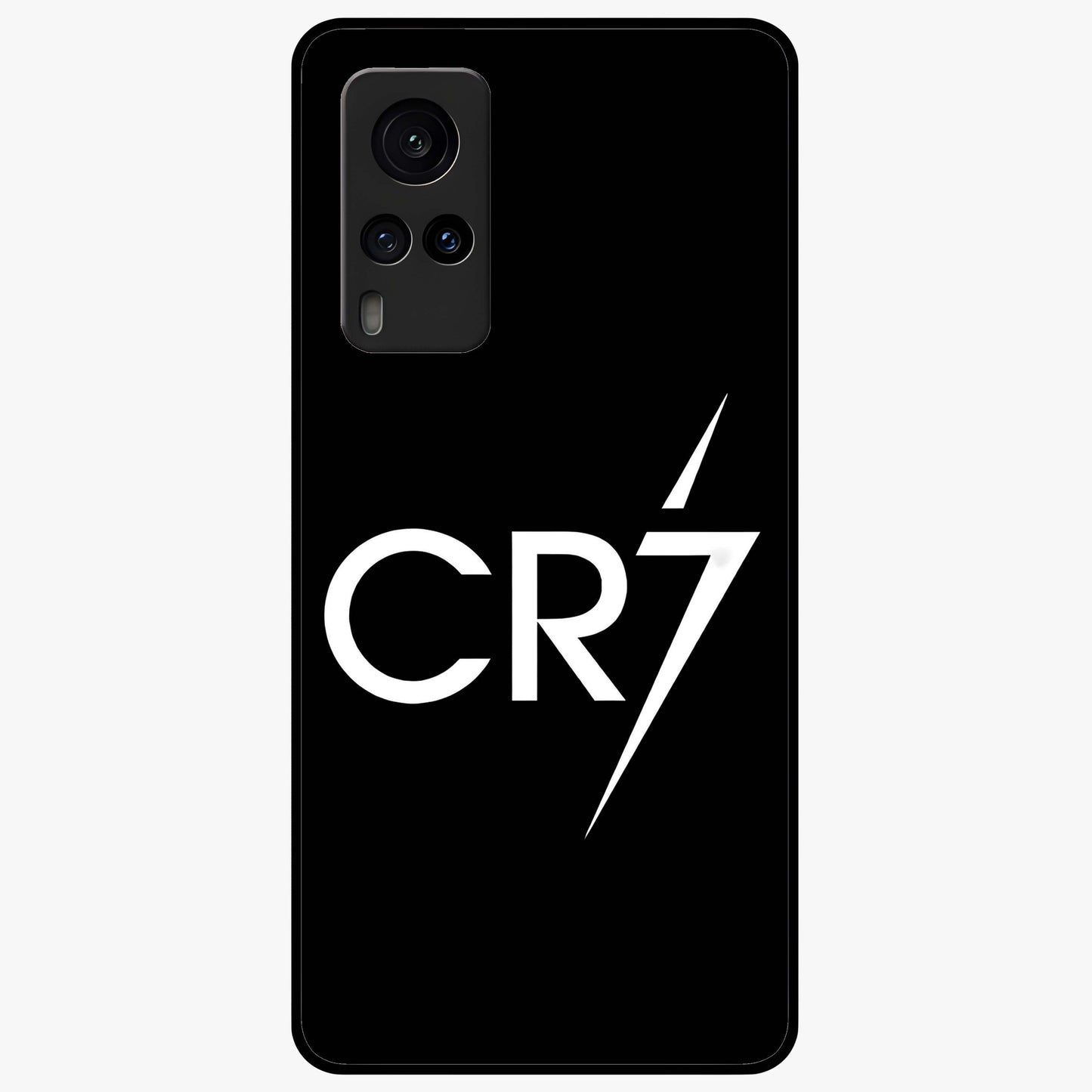 Cr7 Elite Strike Glass Case showing flat back view with dynamic football inspired artwork and glossy glass finish.