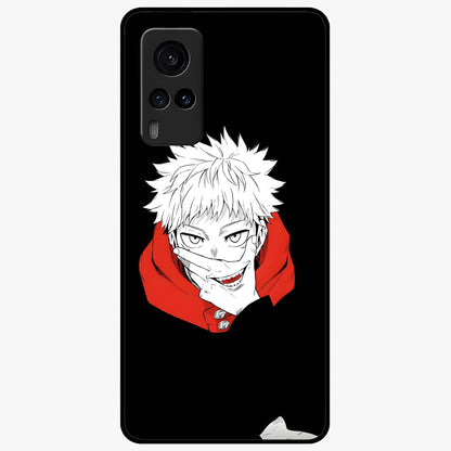 Crimson Chaos Smile Glass Case showing flat back view with bold chaotic smile artwork and glossy glass finish.
