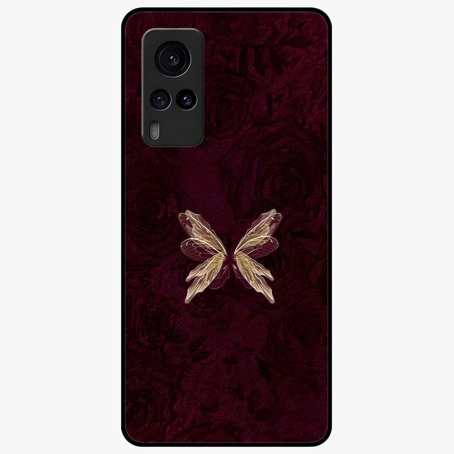 Crimson Fade Butterfly Glass Case showing flat back view with fading butterfly artwork and glossy glass finish.