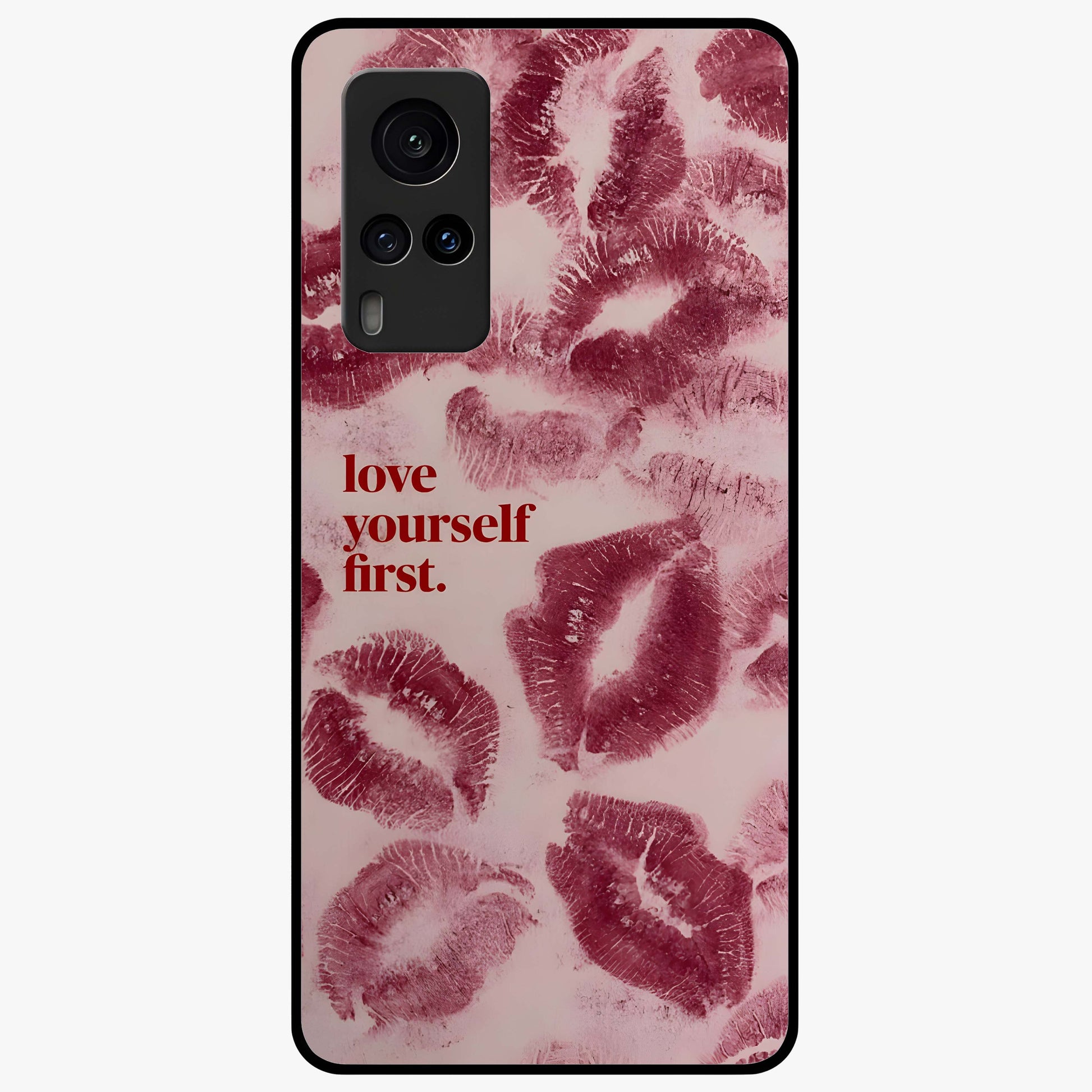 Crimson Kiss Love Glass Case showing flat back view with romantic crimson themed artwork and glossy glass finish.
