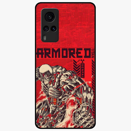 Crimson Mecha Titan Glass Case showing flat back view with powerful mech titan artwork and glossy glass finish.