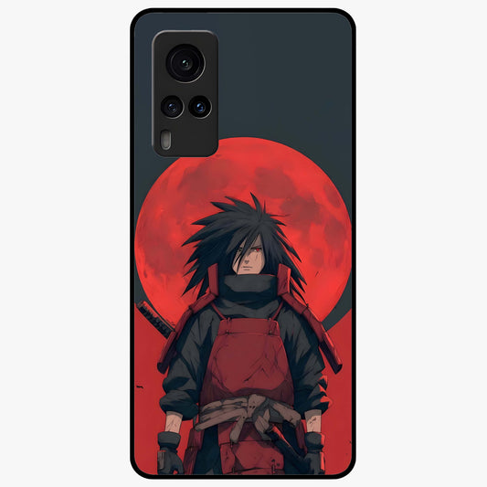 Crimson Moon Warlord Glass Case showing flat back view with mystical moon warrior artwork and glossy glass finish.