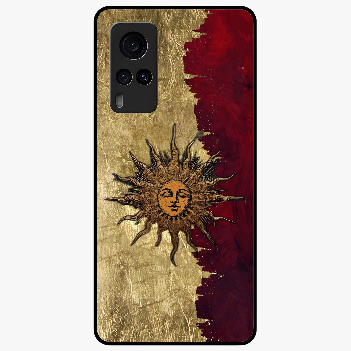 Crimson Sun Majesty Glass Case showing flat back view with radiant sun inspired artwork and glossy glass finish.