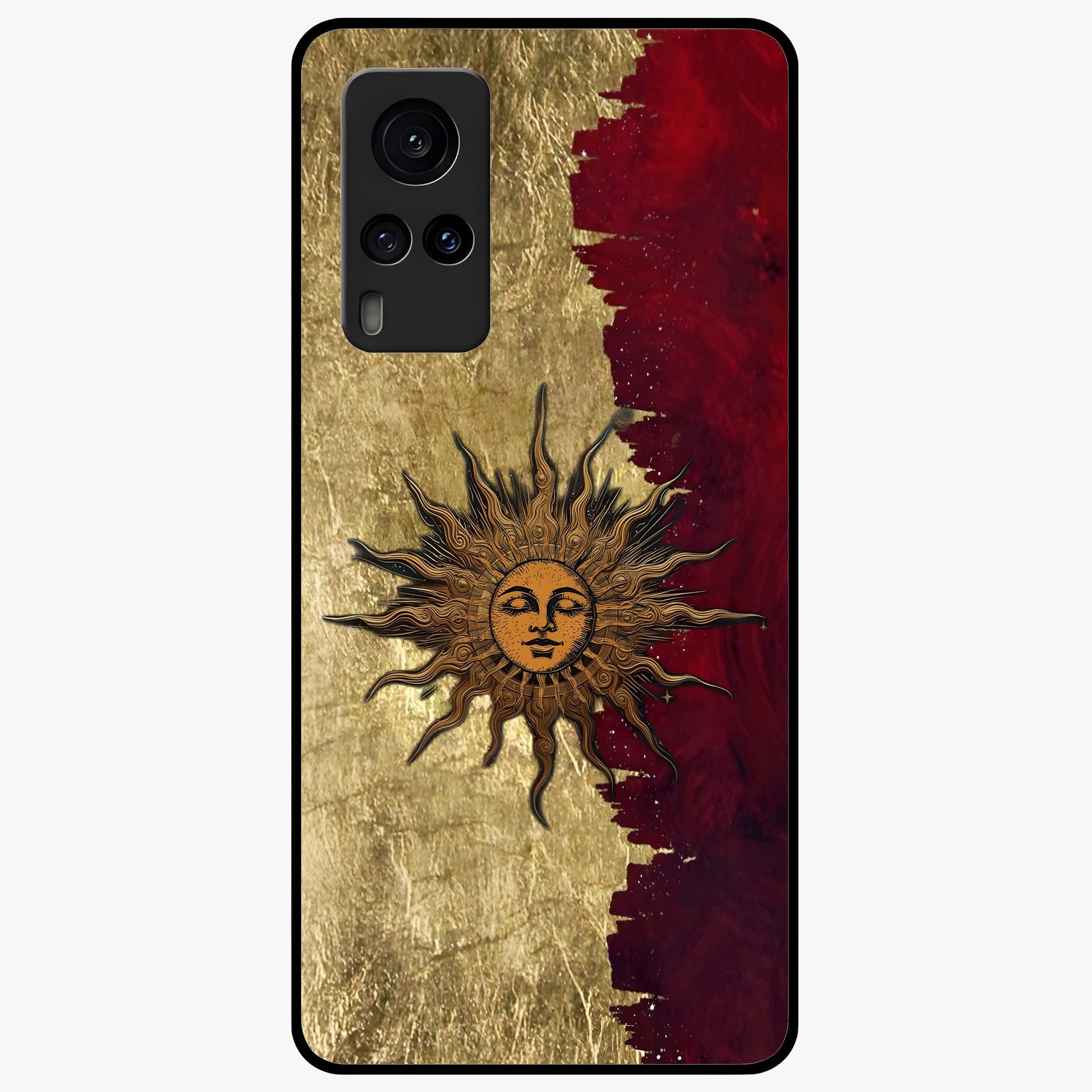 Crimson Sun Majesty Glass Case showing flat back view with radiant sun inspired artwork and glossy glass finish.