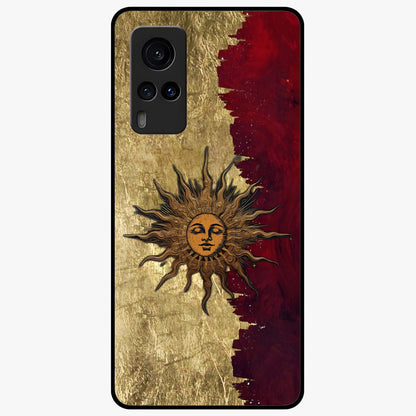Crimson Sun Majesty Glass Case showing flat back view with radiant sun inspired artwork and glossy glass finish.