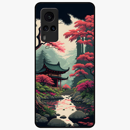 Crimson Temple View Glass Case showing flat back view with temple inspired artwork and glossy glass finish.