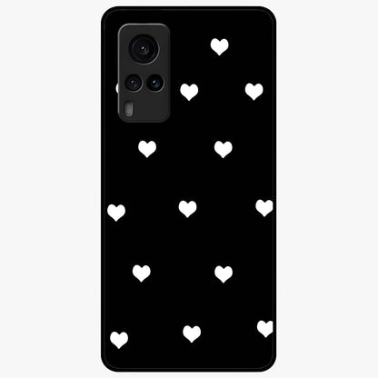 Cute And Simple White Hearts Glass Case showing flat back view with minimal white heart pattern and glossy glass finish.