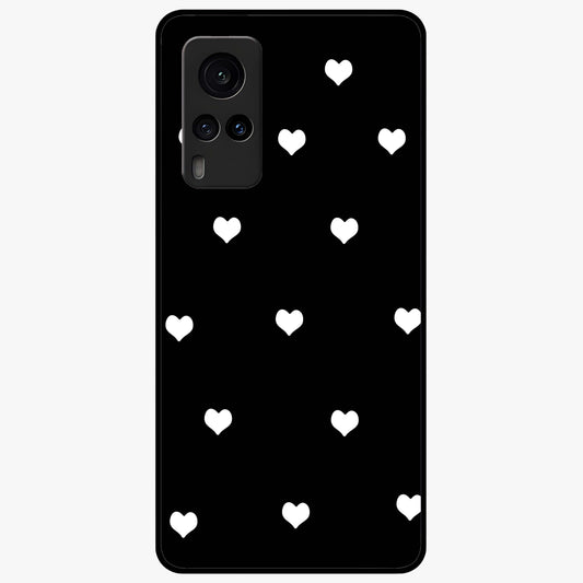 Cute And Simple White Hearts Glass Case showing flat back view with minimal white heart pattern and glossy glass finish.