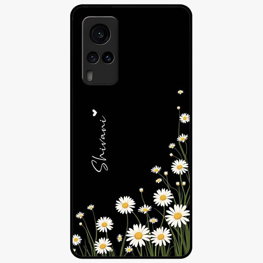 Daisy Cascade Custom Name Glass Case showing flat back view with cascading daisy flowers and personalized name design.