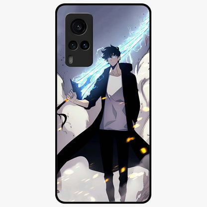 Dark Lightning Anime Warrior Glass Case showing flat back view with intense anime warrior artwork and glossy glass finish.