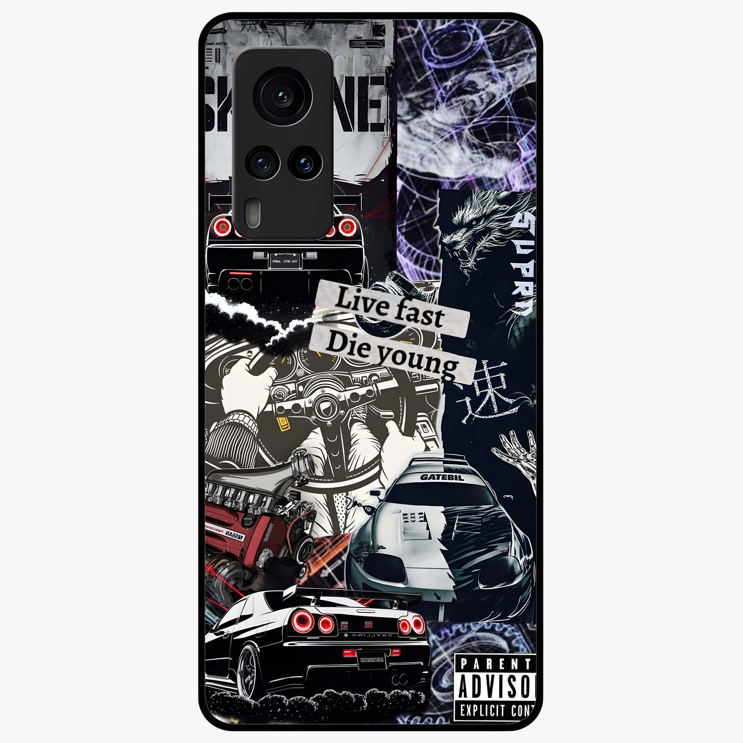 Die Young Glass Case showing flat back view with bold artistic typography design and glossy glass finish.