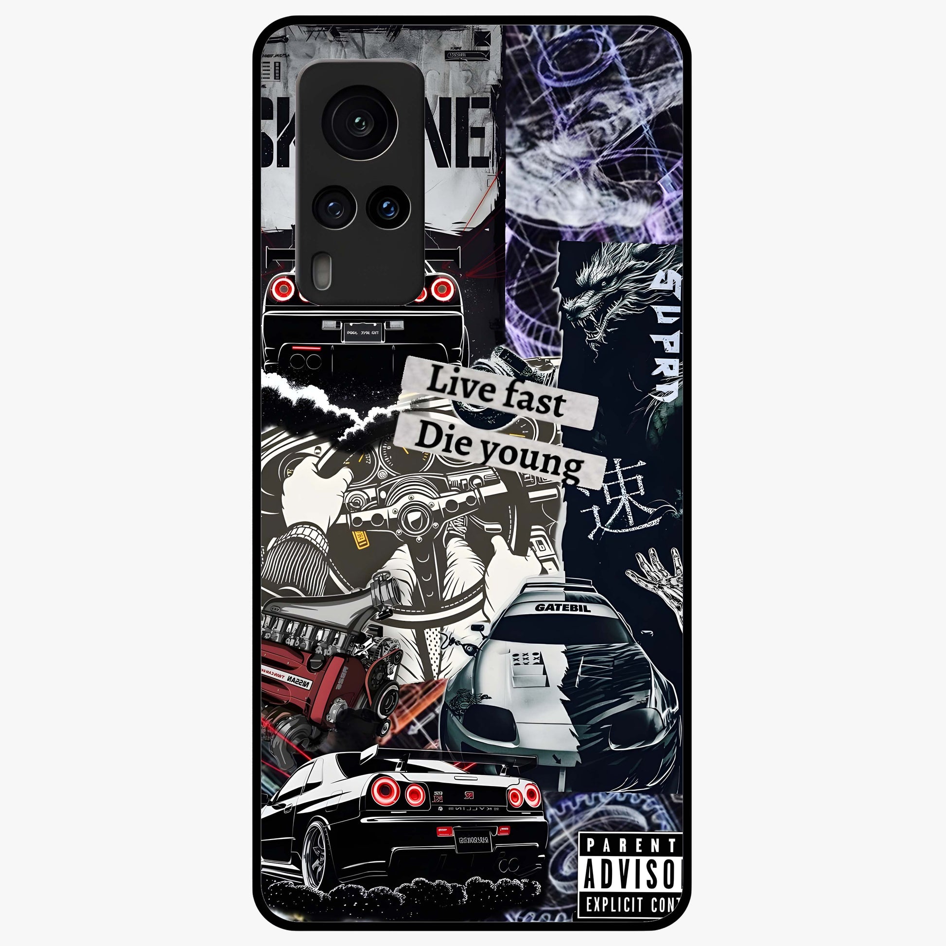 Die Young Glass Case showing flat back view with bold artistic typography design and glossy glass finish.