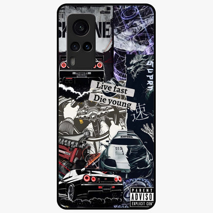 Die Young Glass Case showing flat back view with bold artistic typography design and glossy glass finish.