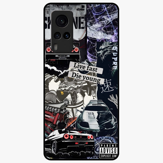 Die Young Glass Case showing flat back view with bold artistic typography design and glossy glass finish.