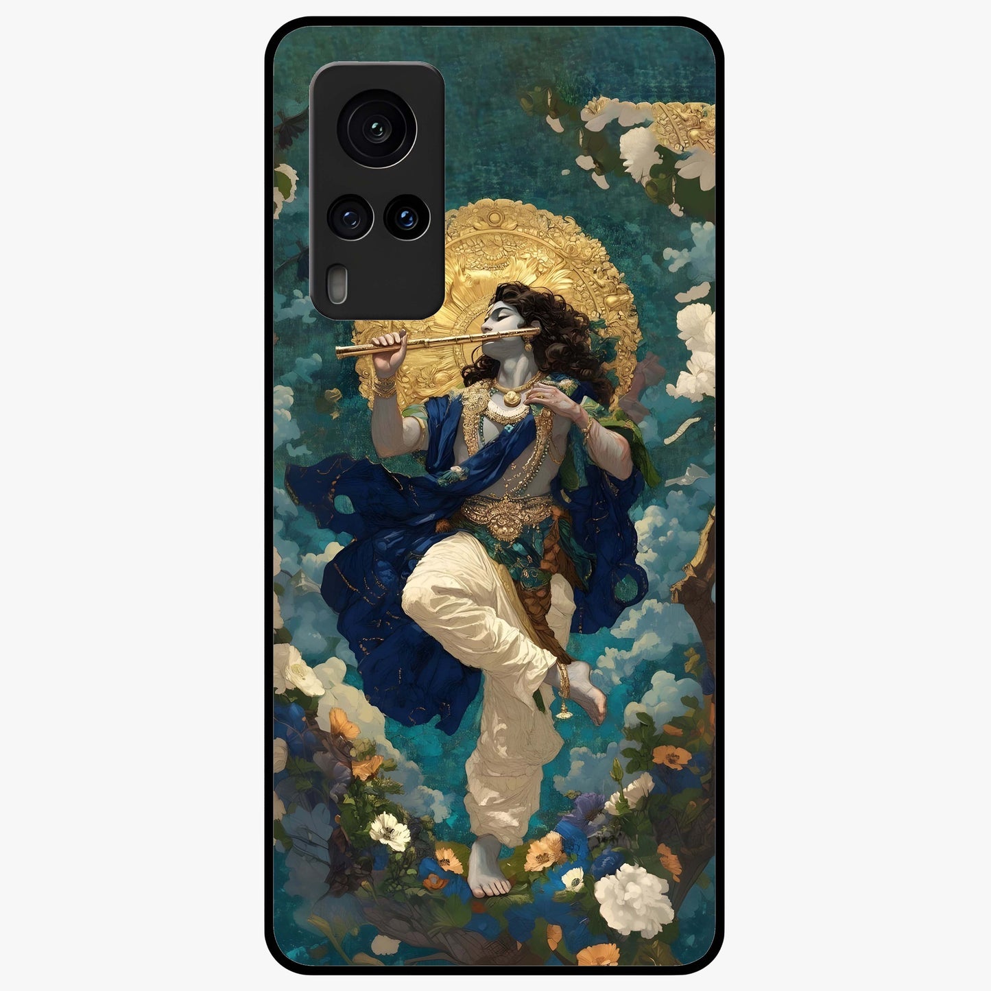 Divine Krishna Art Glass Case showing flat back view with Lord Krishna artwork and glossy glass finish.