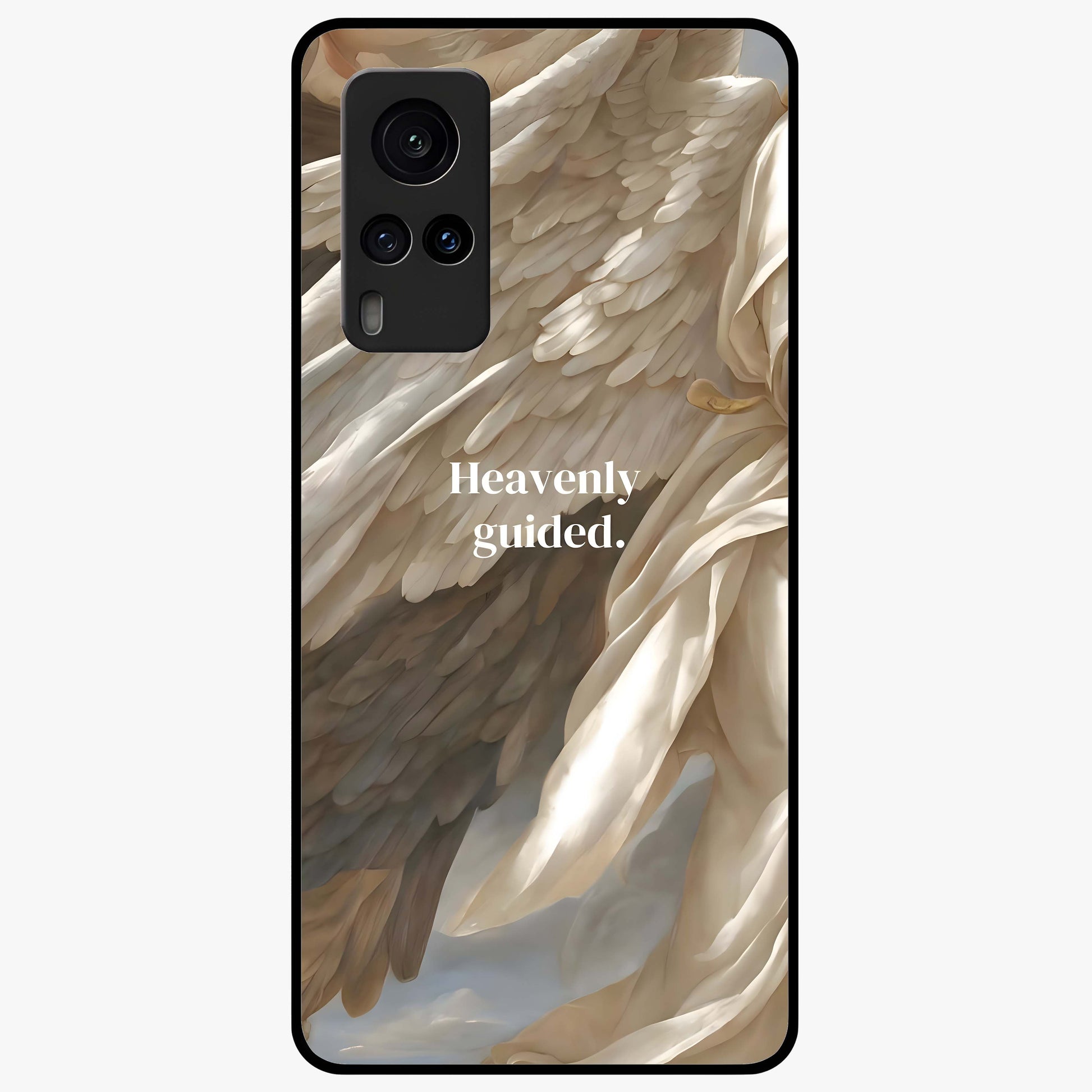 Divine Winged Grace Glass Case showing flat back view with elegant wing inspired artwork and glossy glass finish.