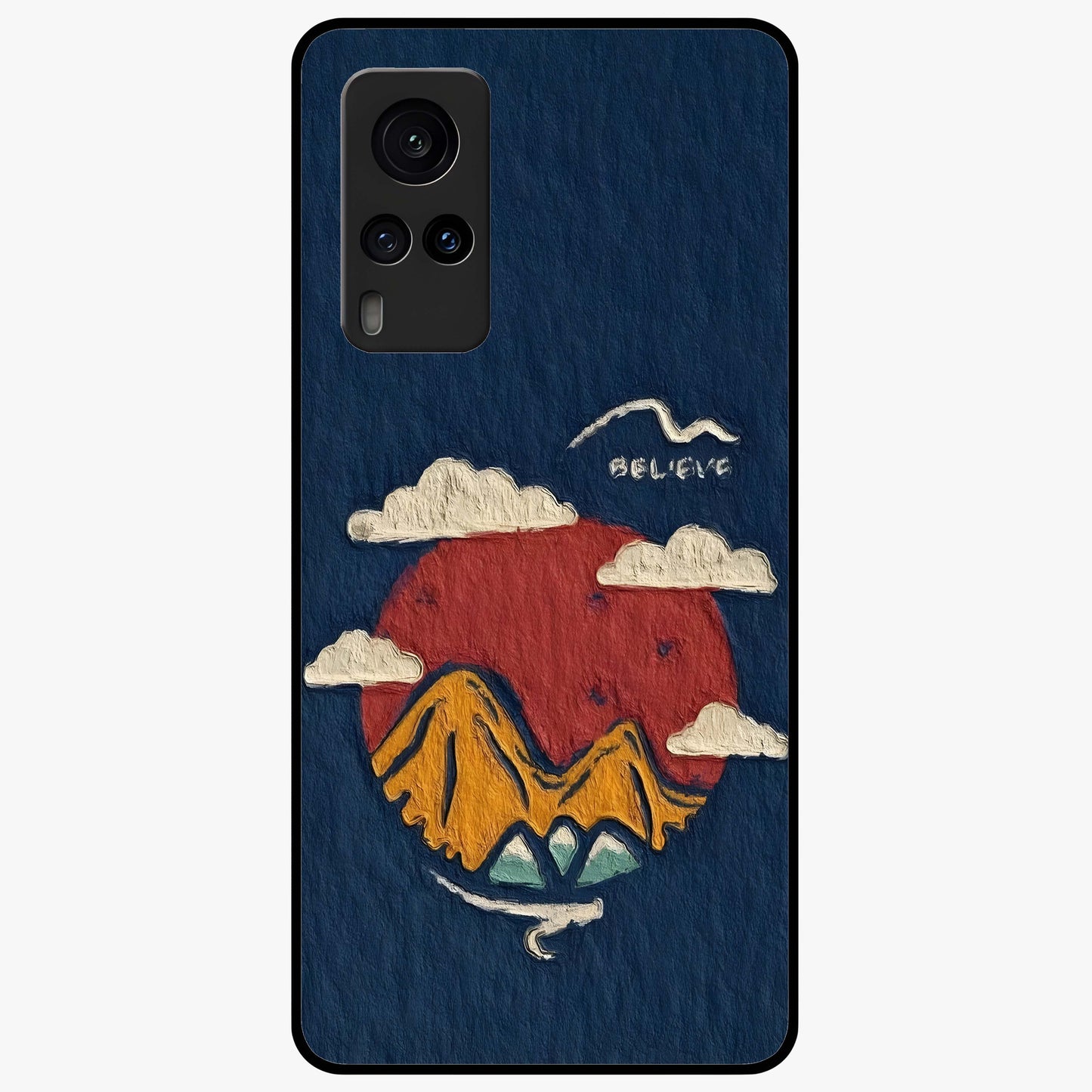 Dream Beyond Mountains Glass Case showing flat back view with scenic mountain landscape artwork and glossy glass finish.