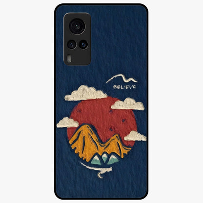 Dream Beyond Mountains Glass Case showing flat back view with scenic mountain landscape artwork and glossy glass finish.