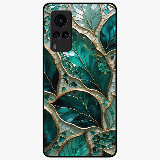 Emerald Leaf Glass Glass Case showing flat back view with emerald green leaf artwork and glossy glass finish.