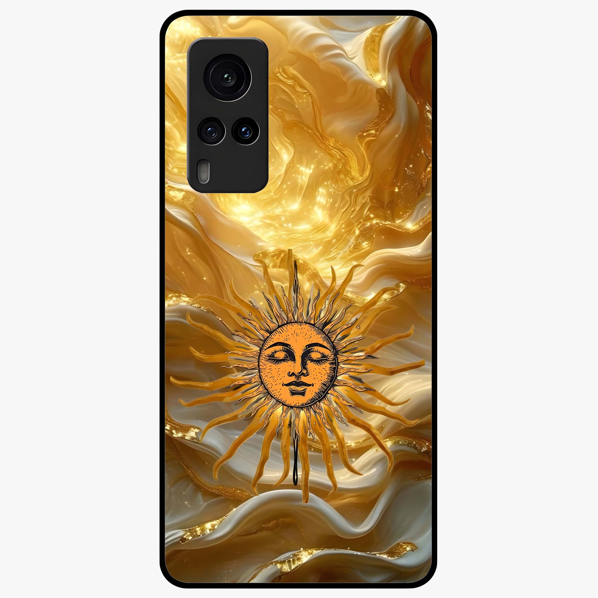 Eternal Golden Glow Glass Case showing flat back view with radiant golden themed artwork and glossy glass finish.