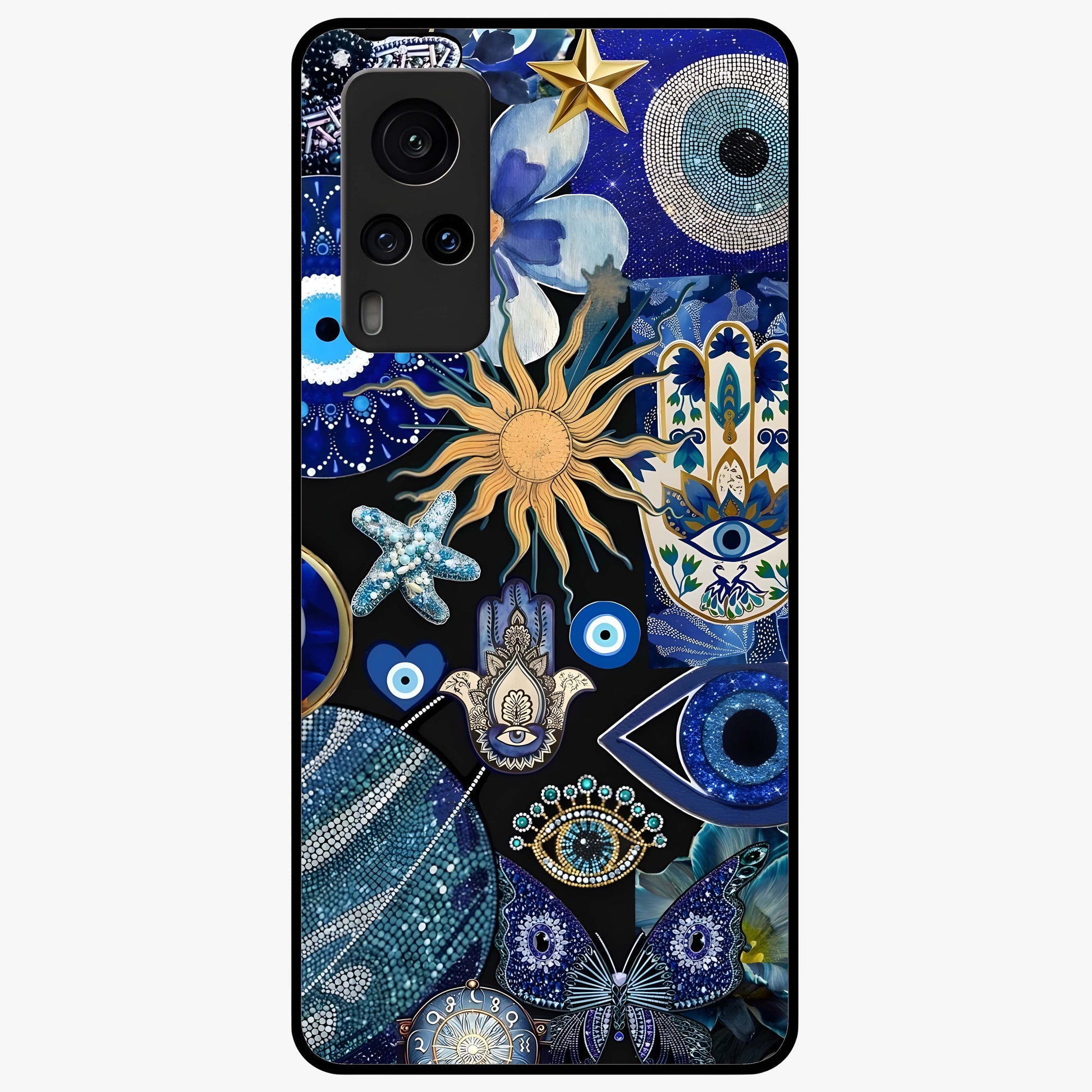Evil Eye Charm Mix Glass Case showing flat back view with multiple evil eye charms artwork and glossy glass finish.
