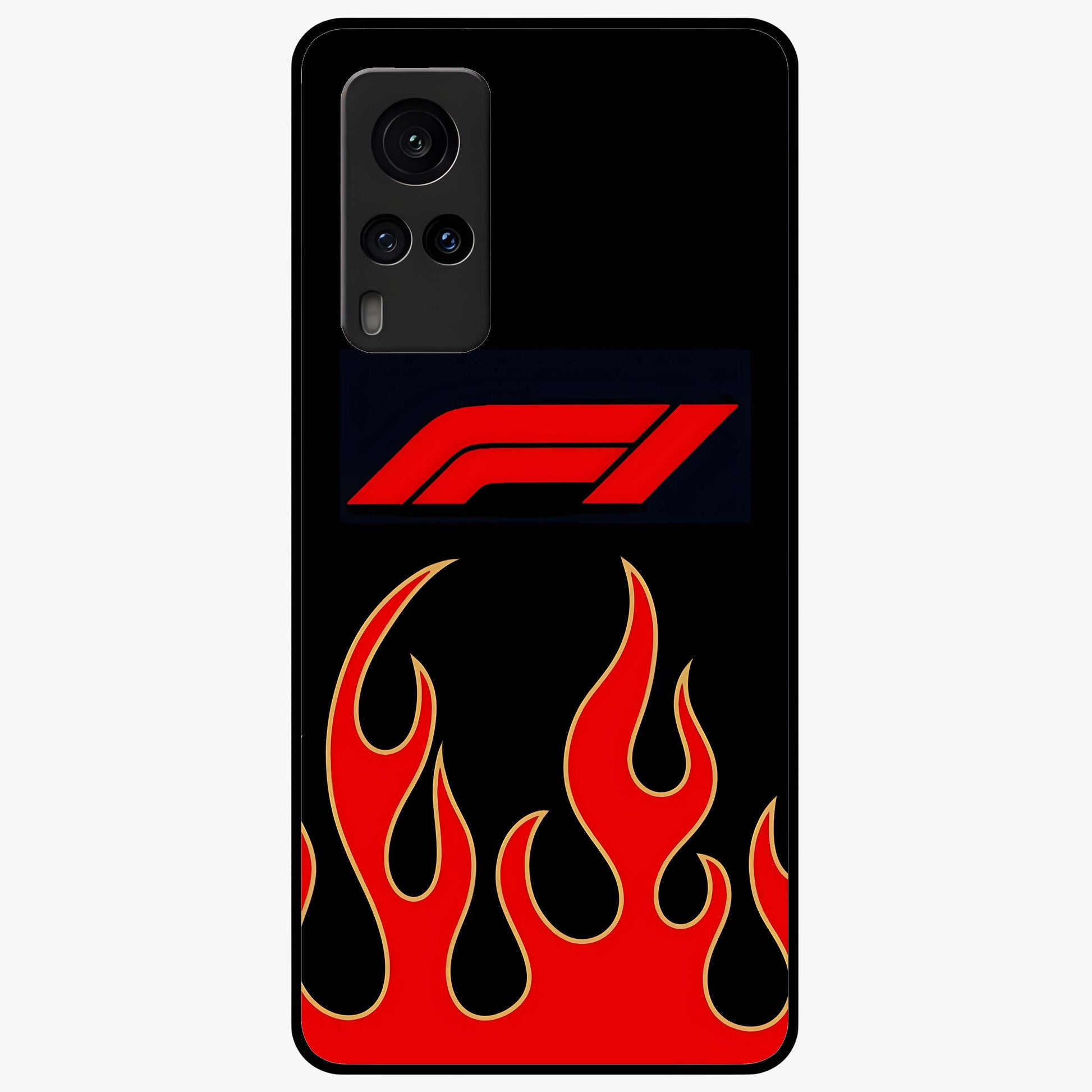 Fire F11 Glass Case showing flat back view with fiery themed artwork and glossy glass finish.