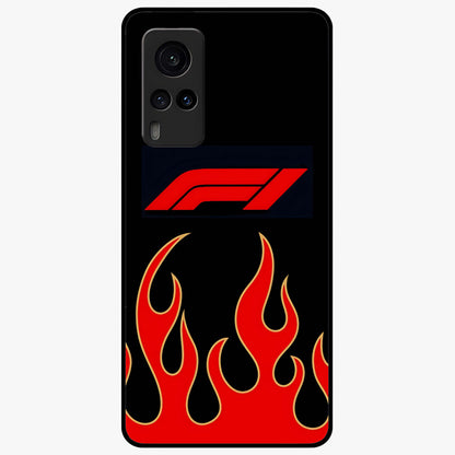 Fire F11 Glass Case showing flat back view with fiery themed artwork and glossy glass finish.