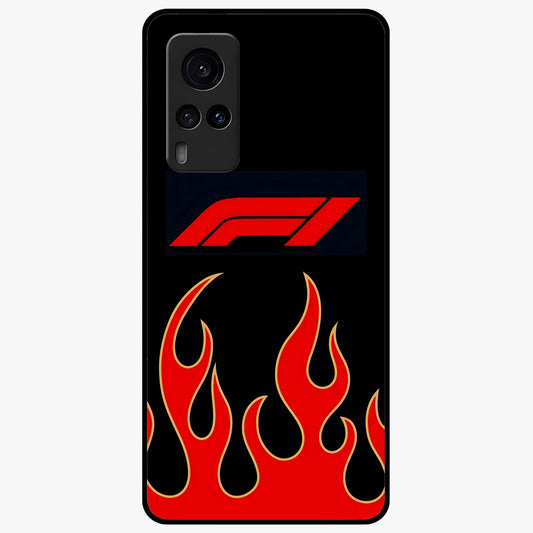 Fire F11 Glass Case showing flat back view with fiery themed artwork and glossy glass finish.