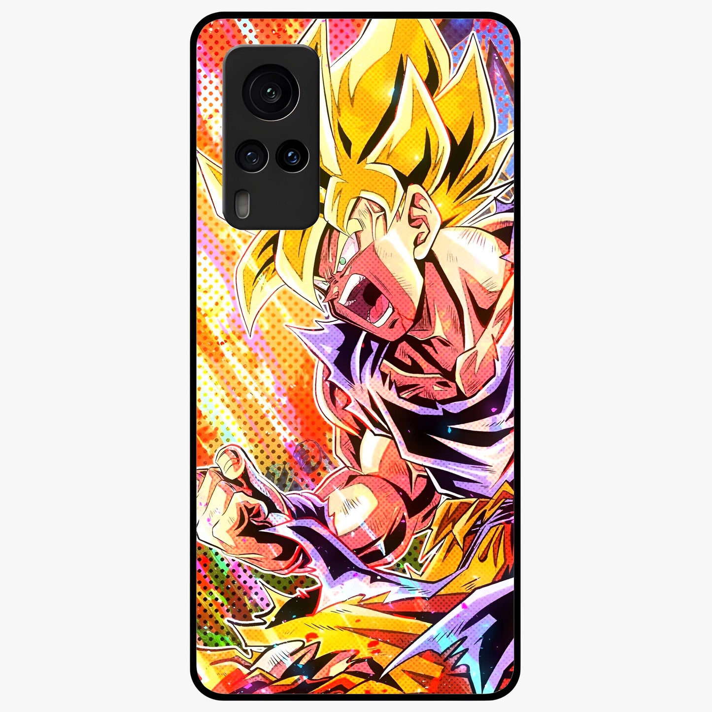 Firing Goku Glass Case showing flat back view with powerful anime inspired artwork and glossy glass finish.