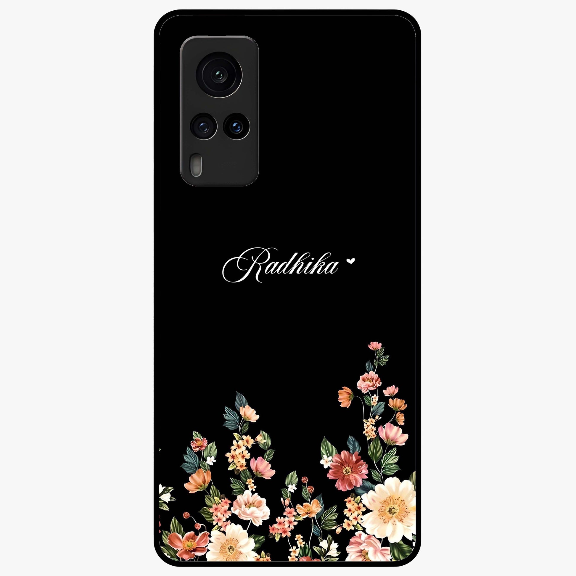 Floral Design With a Custom Personalized Name Glass Case showing flat back view with floral artwork and personalized name design.