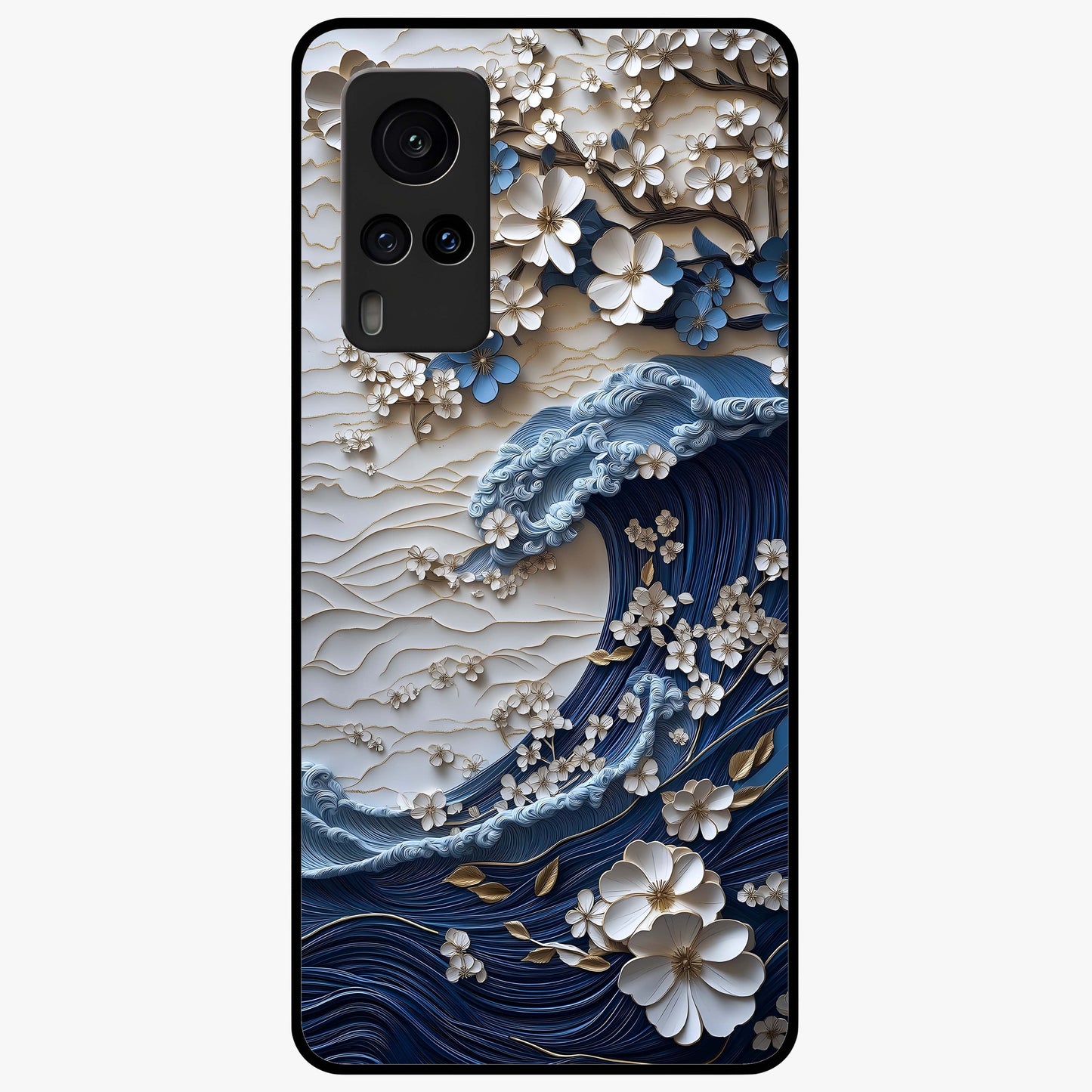 Floral Wave Origami Glass Case showing flat back view with origami inspired floral wave artwork and glossy glass finish.