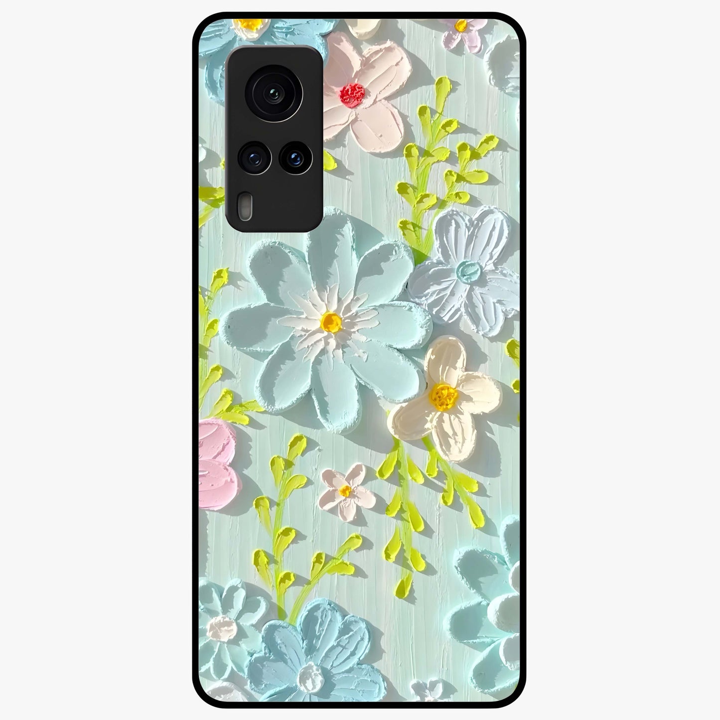 Frosted Petal Garden Glass Case showing flat back view with soft frosted floral artwork and glossy glass finish.