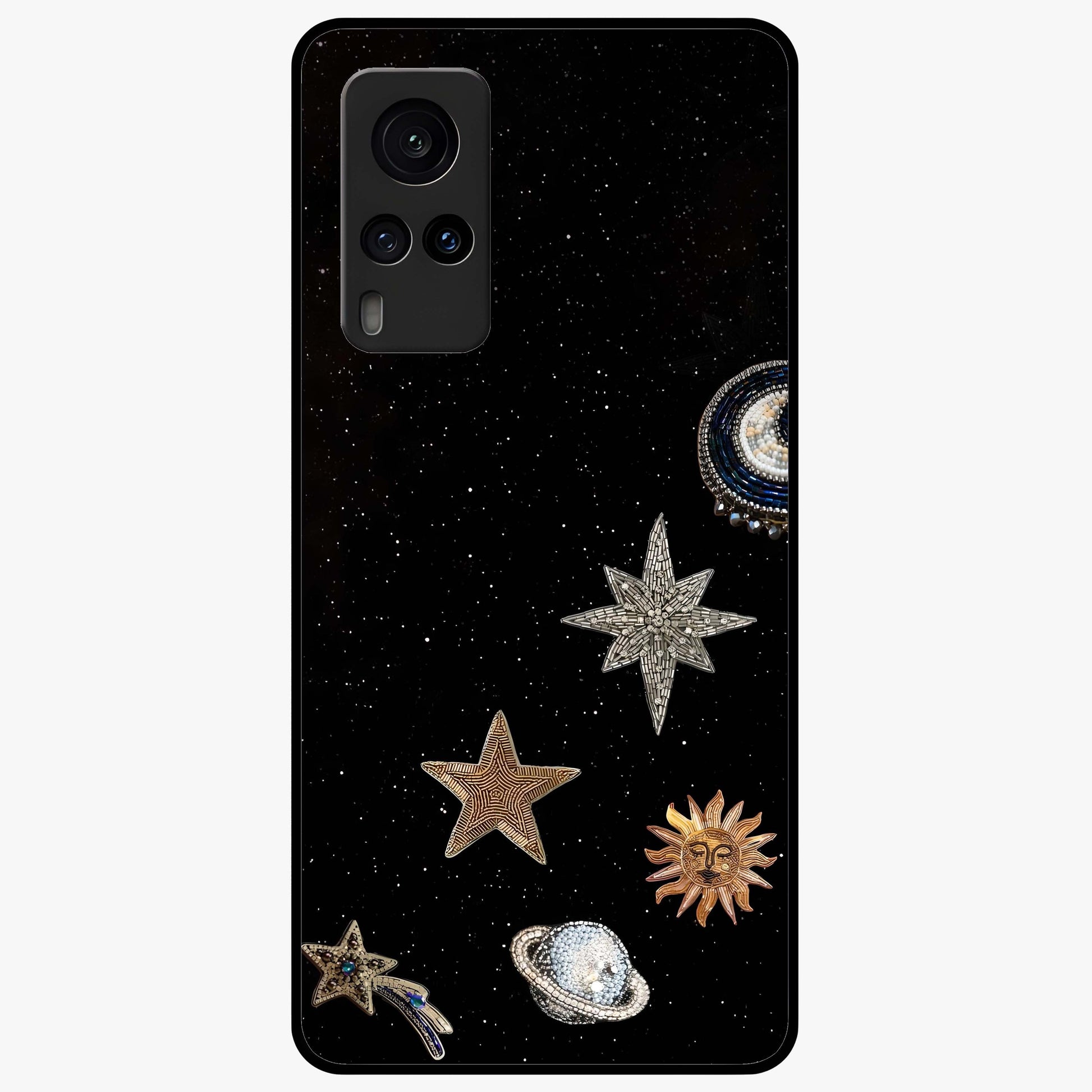 Galactic Charm Glow Glass Case showing flat back view with glowing celestial charm artwork and glossy glass finish.