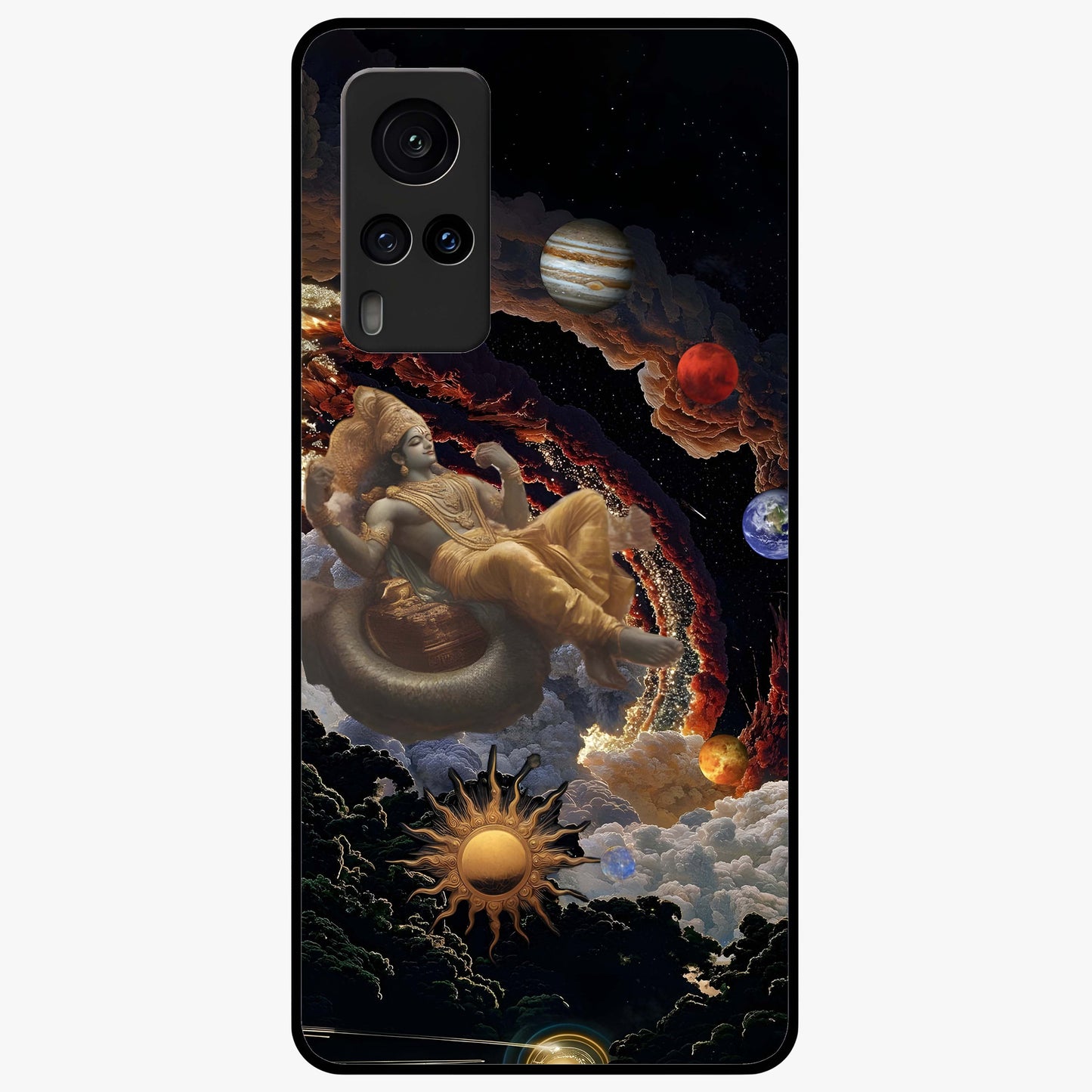 Galactic Divine God Glass Case showing flat back view with divine cosmic themed artwork and glossy glass finish.