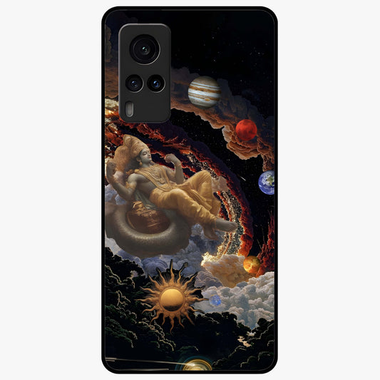 Galactic Divine God Glass Case showing flat back view with divine cosmic themed artwork and glossy glass finish.