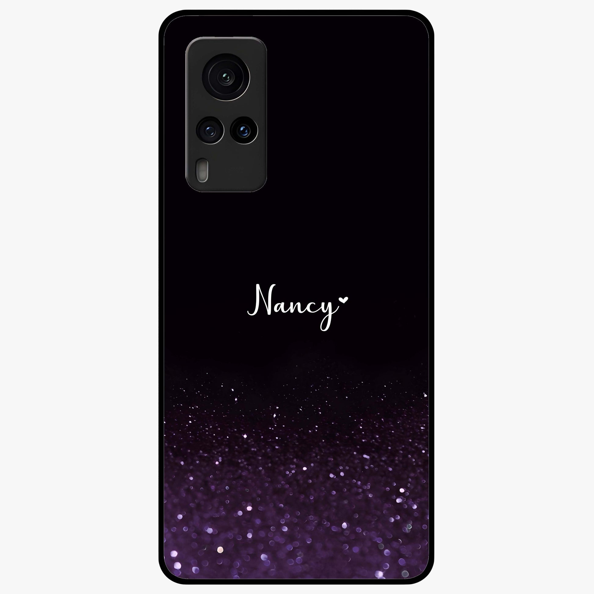 Glittery Purple Bokeh Custom Name Glass Case showing flat back view with purple bokeh sparkle artwork and personalized name design.