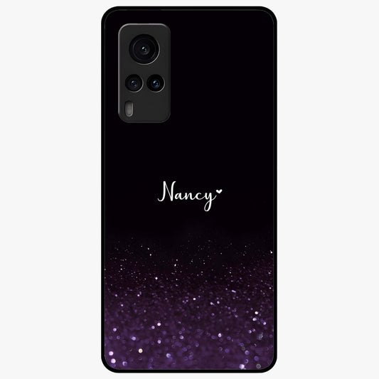 Glittery Purple Bokeh Custom Name Glass Case showing flat back view with purple bokeh sparkle artwork and personalized name design.