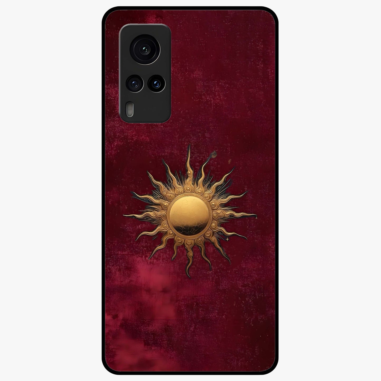 Gold Sun Blush Glass Case showing flat back view with golden sun inspired artwork and glossy glass finish.