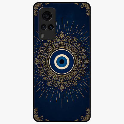 Golden Evil Eye Mandala Glass Case showing flat back view with intricate evil eye mandala artwork and glossy glass finish.