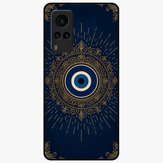 Golden Evil Eye Mandala Glass Case showing flat back view with intricate evil eye mandala artwork and glossy glass finish.